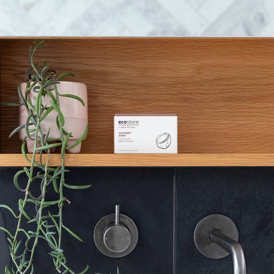 Ecostore Soap Coconut: Creamy vegan soap with coconut strands for gentle exfoliation and a tropical aroma, packaged sustainably.