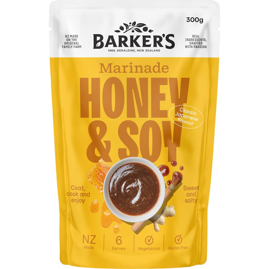 Barker's Honey & Soy Sauce bottle showcasing a sweet and savory blend for enhancing various dishes.