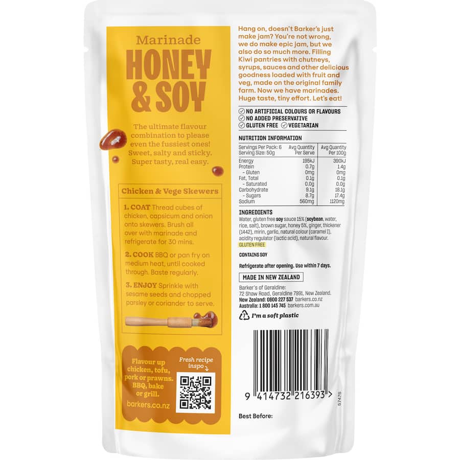 Barker's Honey & Soy Sauce bottle showcasing a sweet and savory blend perfect for enhancing a variety of dishes.