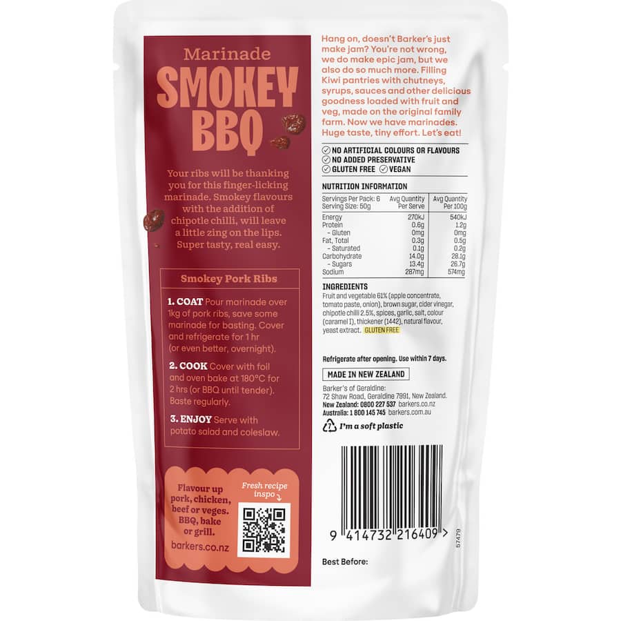 Barker's BBQ Sauce Marinade Smokey adds rich flavor and smokiness to meats and veggies for unforgettable grilling experiences.