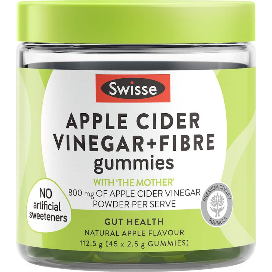 Swisse Apple Cider Vinegar + Fibre Gummies in a vibrant fruit shape, promoting digestive health and wellness with natural apple flavor.