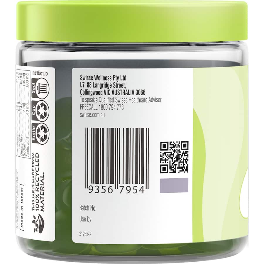 Swisse Apple Cider Vinegar + Fibre Gummies in a vibrant pack, offering digestive support with natural apple flavor and no artificial sweeteners.