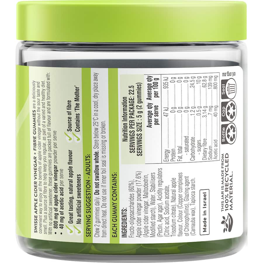 Swisse Apple Cider Vinegar + Fibre Gummies in a bottle, showcasing delicious, vegan-friendly gummies for digestive health support.