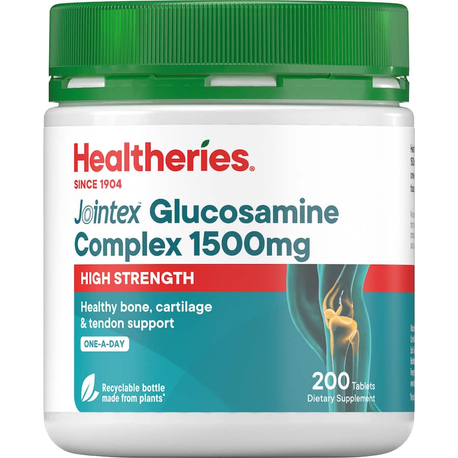 Healtheries Glucosamine Value Pack 1500, a joint health supplement with 1500mg glucosamine for pain relief and cartilage support.