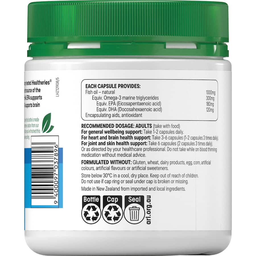 Healtheries Fish Oil Value Pack 1000mg capsules, a rich source of omega-3 for heart, joint, and brain health.