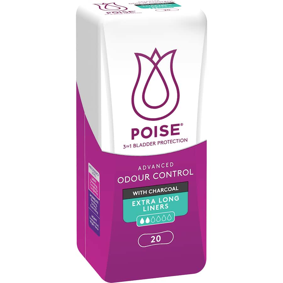 Extra-long Poise Continence Liner offers discreet, reliable protection against bladder leakage with charcoal odour control and comfort.