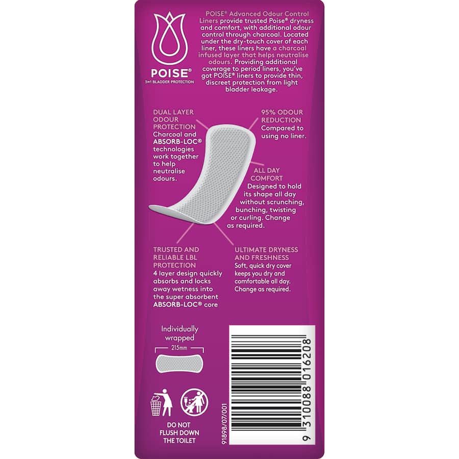 Poise Continence Liner Extra Long offers discreet, reliable bladder leakage protection with odour control and ultimate comfort.
