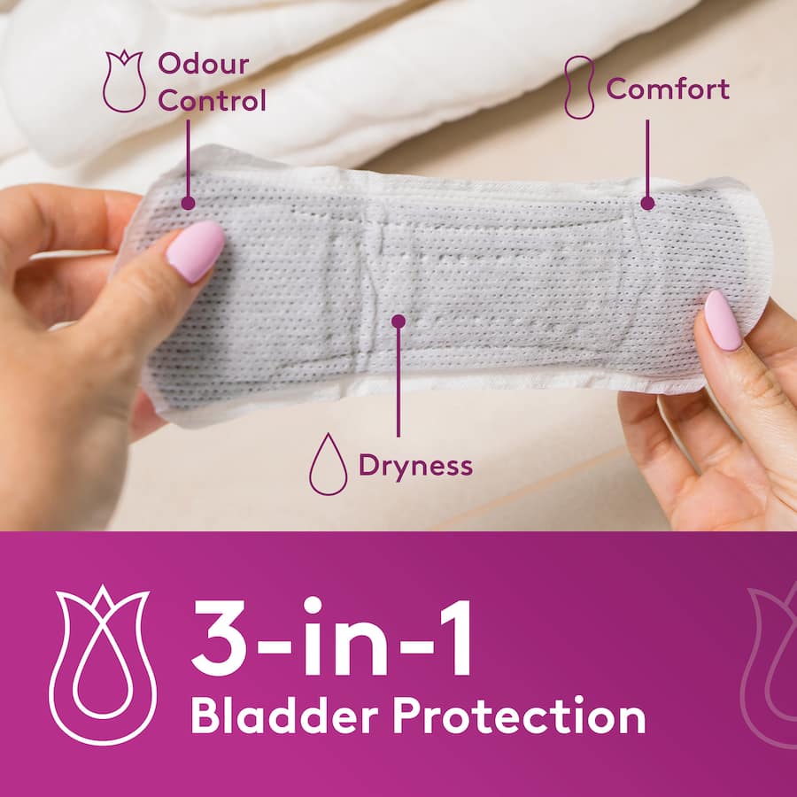 Extra-long Poise Continence Liners designed for discreet, reliable protection against bladder leakage with dual odour control.
