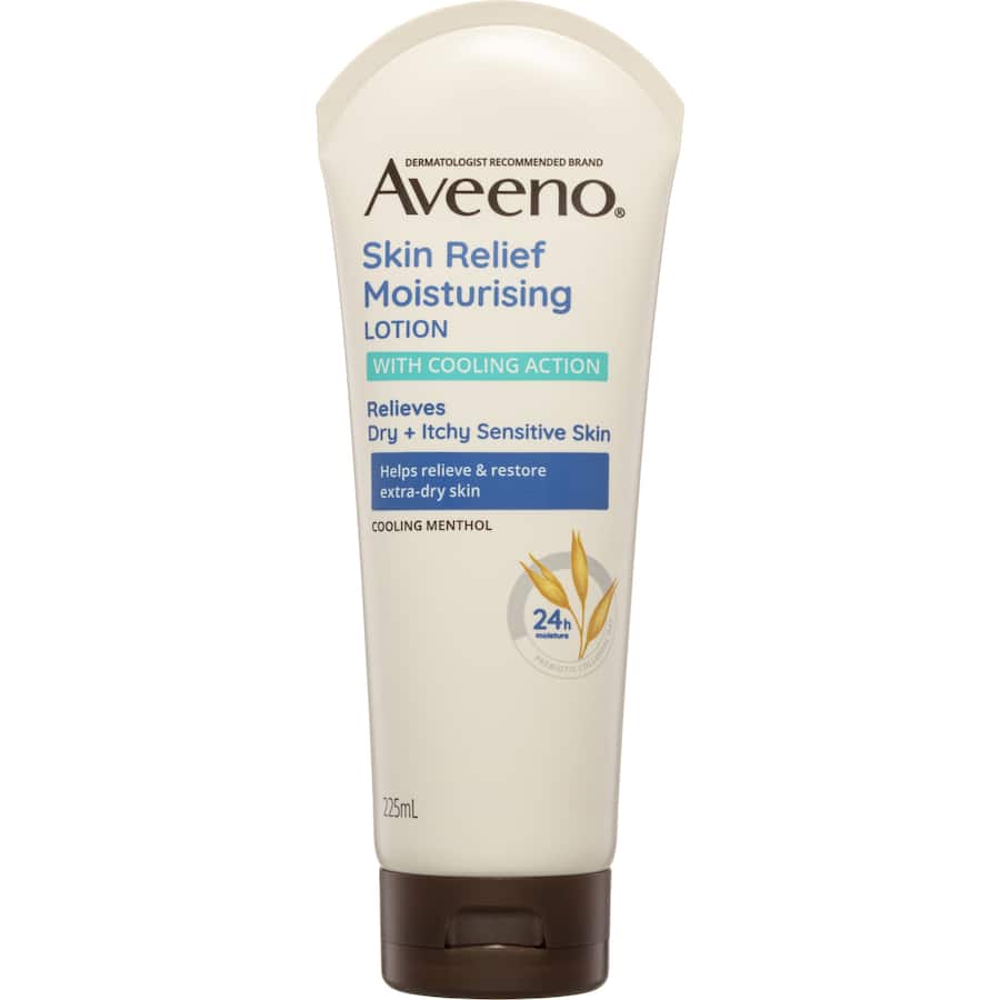 Aveeno Body Lotion Skin Relief, a non-greasy formula with prebiotic oat and cooling menthol for 24-hour hydration and dry skin relief.