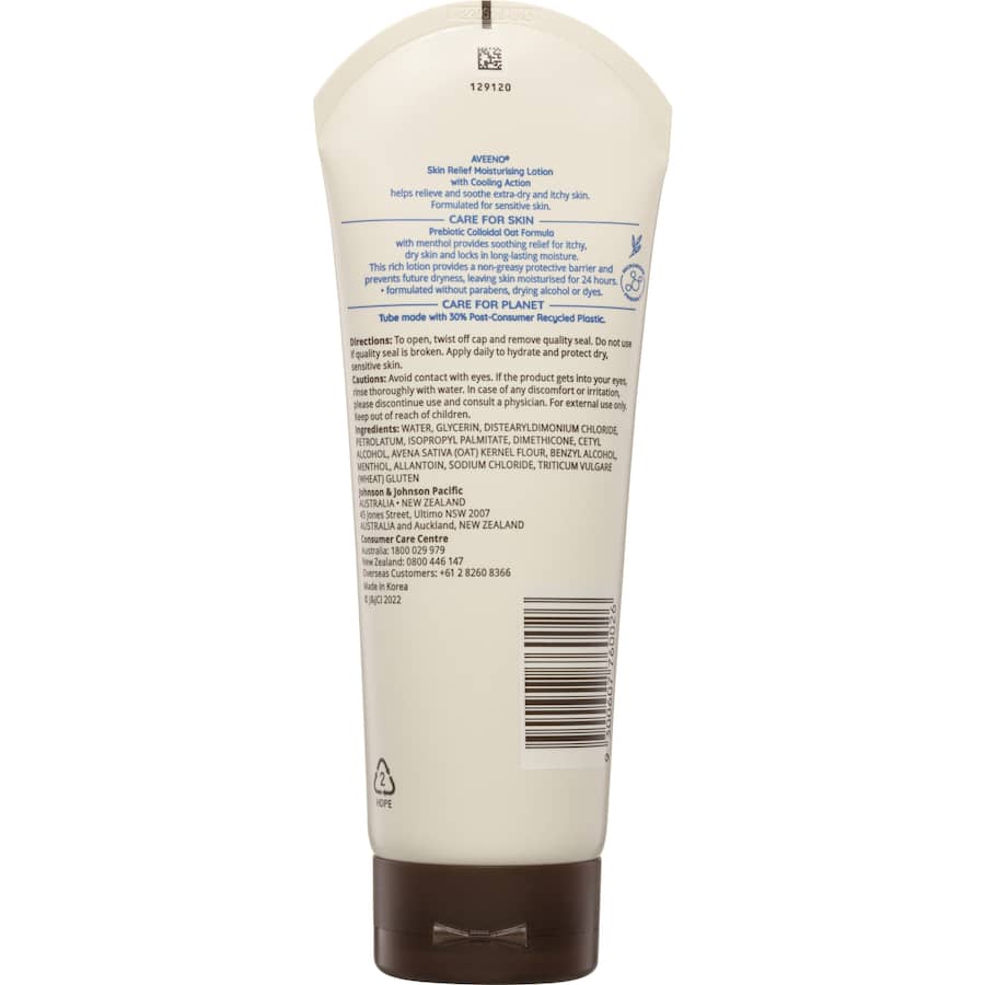 Aveeno Body Lotion Skin Relief features prebiotic oatmeal and cooling menthol for 24-hour hydration of dry, sensitive skin.