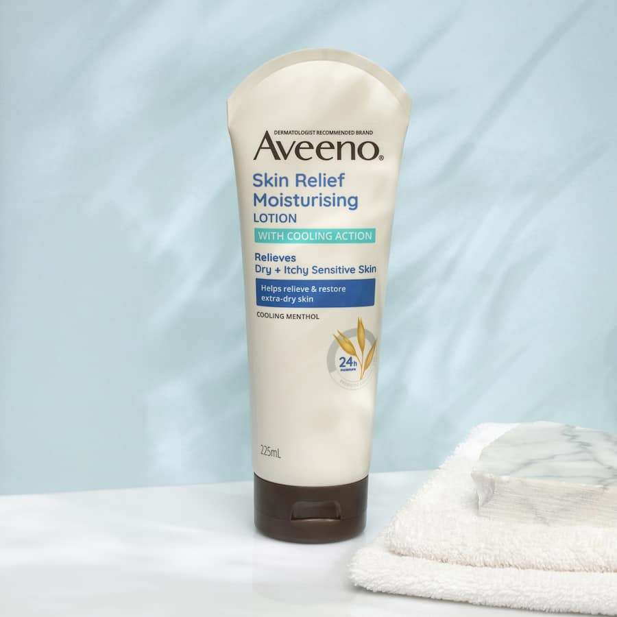 Aveeno Body Lotion Skin Relief: soothing moisturizing lotion with colloidal oat for 24-hour hydration, ideal for sensitive skin.