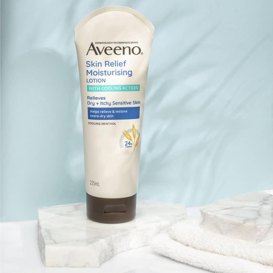Aveeno Body Lotion Skin Relief: soothing formula with colloidal oat and menthol for 24-hour hydration of dry, sensitive skin.