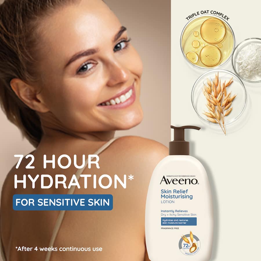 Aveeno Body Lotion Skin Relief hydrates and soothes dry, itchy skin with prebiotic colloidal oat and cooling menthol.