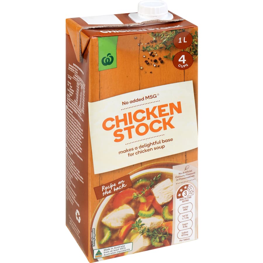Woolworths Chicken Stock Liquid, 1L, premium stock crafted from quality ingredients, ideal for soups, risottos, and sauces.