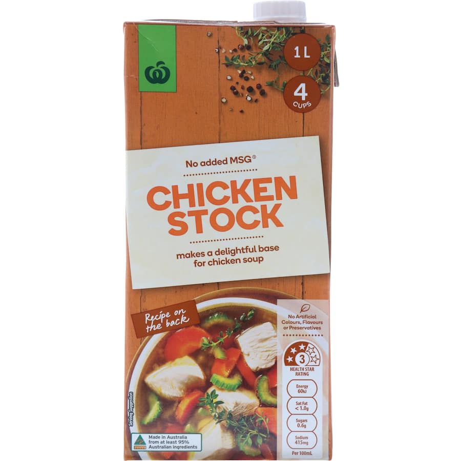 Woolworths Chicken Stock Liquid, 1L, premium stock with no preservatives, perfect for soups, risottos, and sauces.