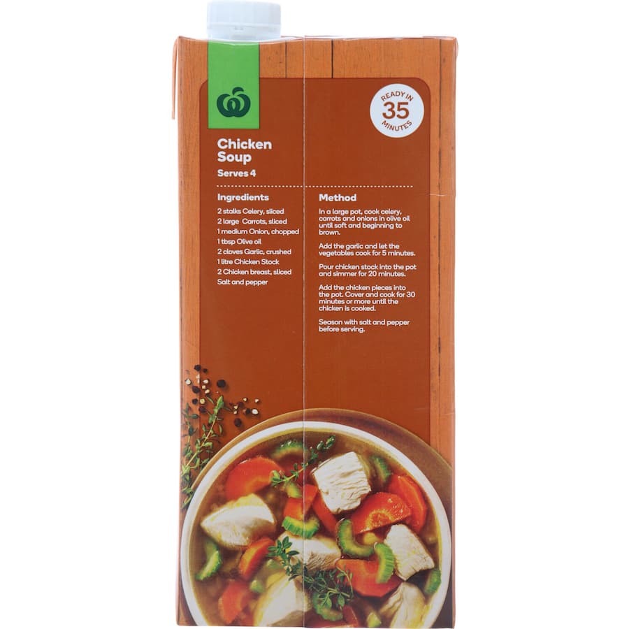 Woolworths Chicken Stock Liquid, 1L, premium versatile stock with no preservatives, enhancing soups, risottos, and sauces.