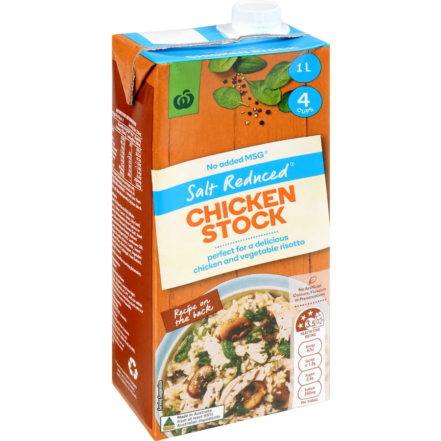 Woolworths Chicken Stock Liquid Salt Reduced, 1L, enhances dishes with rich flavor and 35% less salt, no MSG or artificial additives.