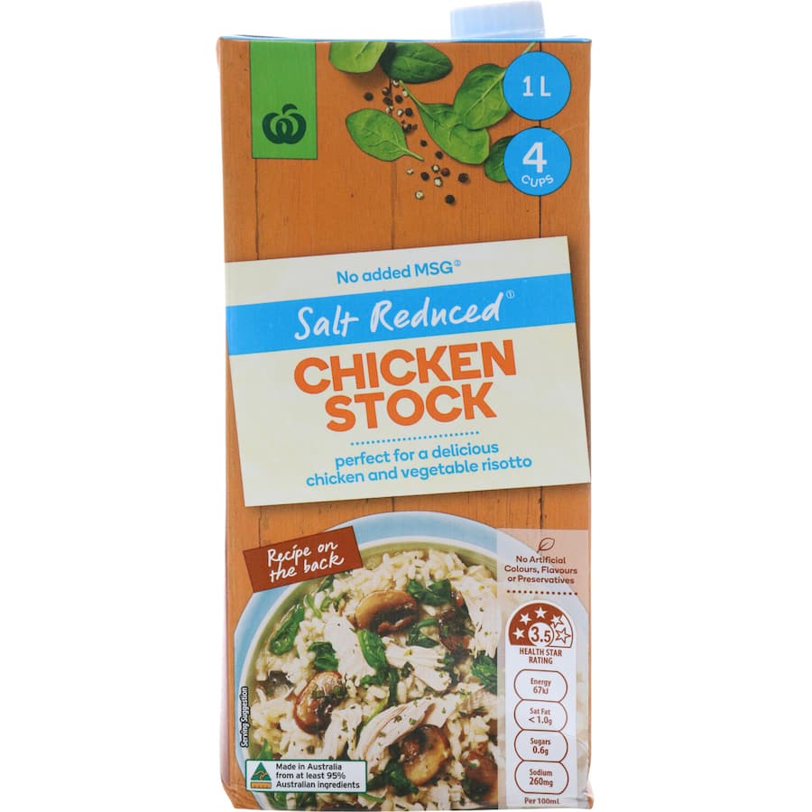 Woolworths Chicken Stock Liquid Salt Reduced in a 1L bottle, offering rich flavor with 35% less salt and no artificial additives.