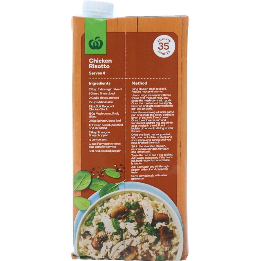 Woolworths Chicken Stock Liquid Salt Reduced 1L, featuring 35% less salt, ideal for flavorful, healthy cooking without additives.
