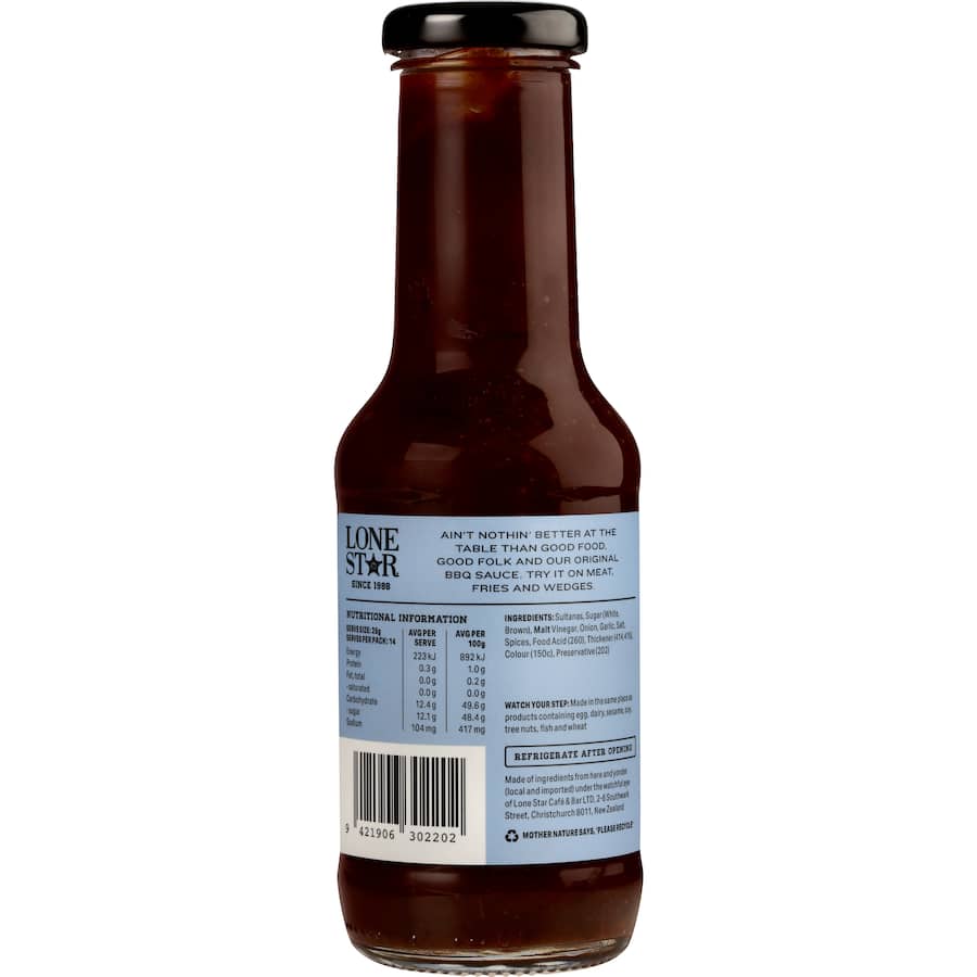 Lone Star BBQ Sauce bottle showcasing its award-winning sweet and tangy flavor, perfect for grilling and marinating meats.