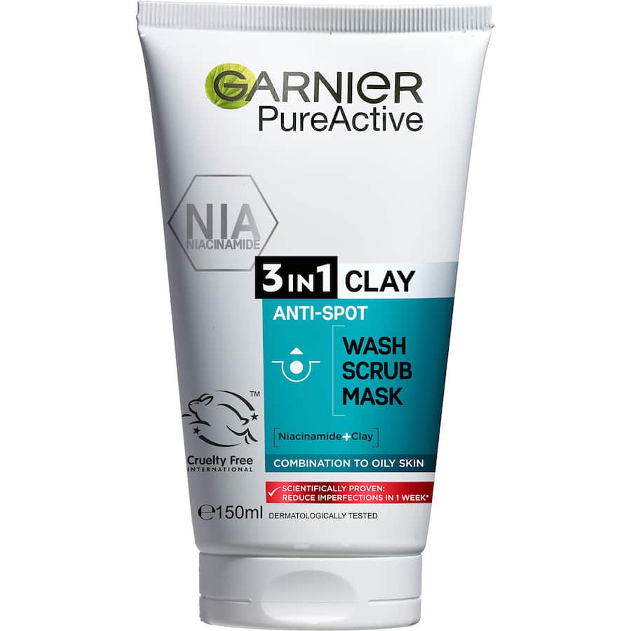 Garnier Pure Facial Cleanser 3 in 1: daily wash, exfoliating scrub, and mattifying mask for clear, radiant skin.