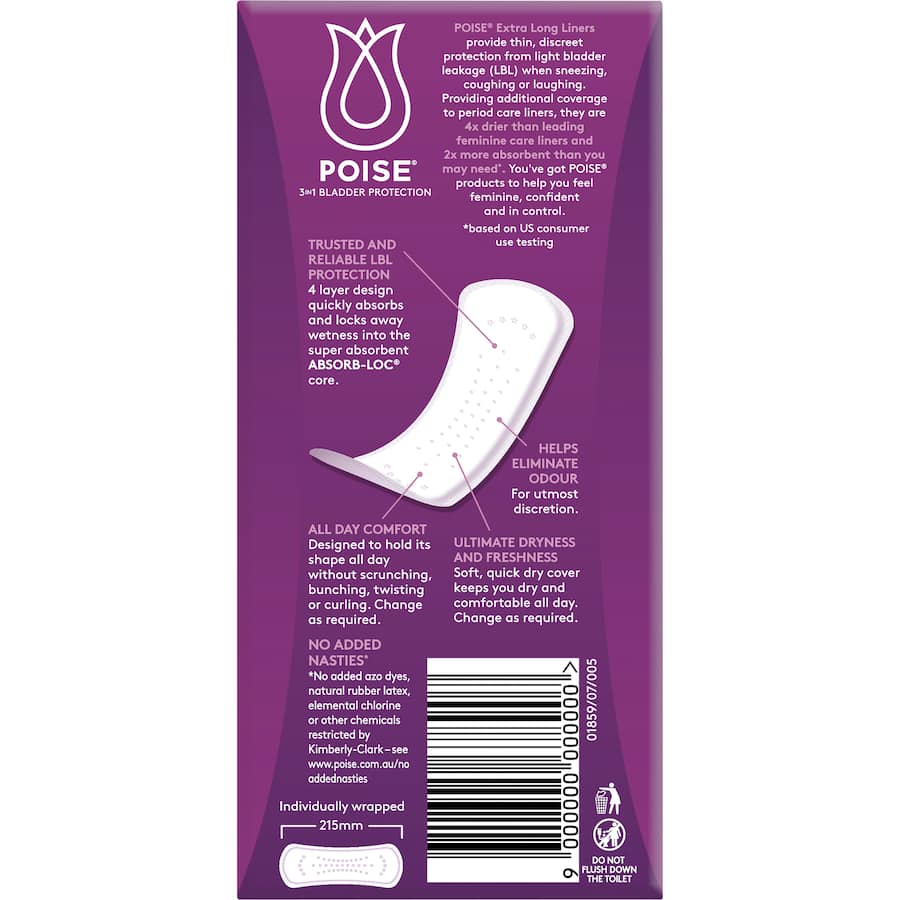 Poise Women's Extra Long Liners for light bladder leakage, ultra-thin, discreet, with super absorbent core for maximum comfort.