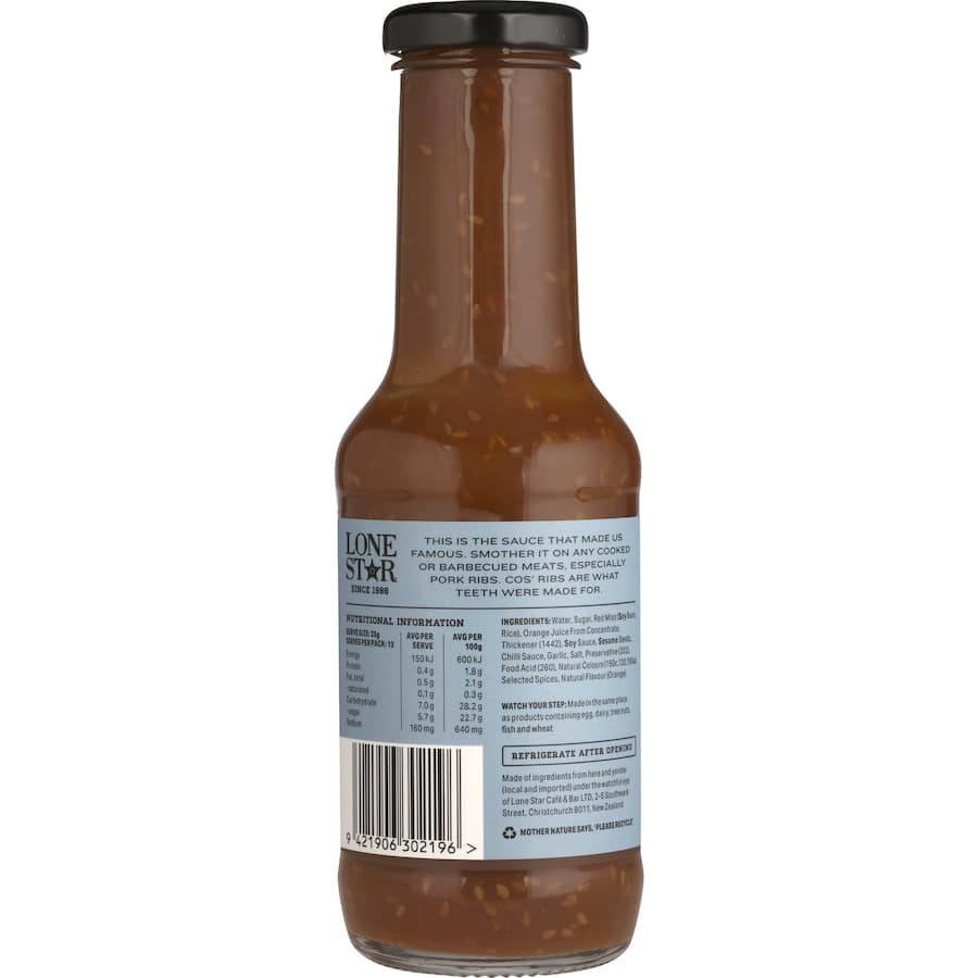 Lone Star Rib Sauce bottle featuring bold, tangy BBQ sauce ideal for meats and grilled vegetables, gluten-free, rich in flavor.