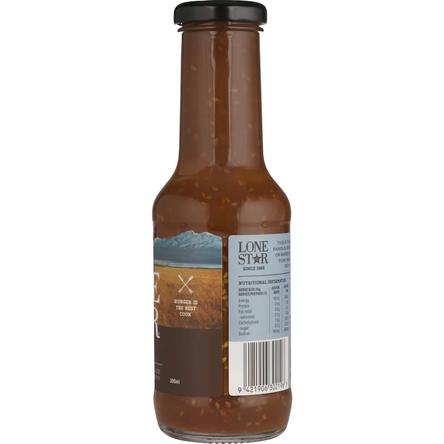 Lone Star Rib Sauce bottle showcasing bold flavors, perfect for ribs, chicken, and grilled veggies at barbecues.