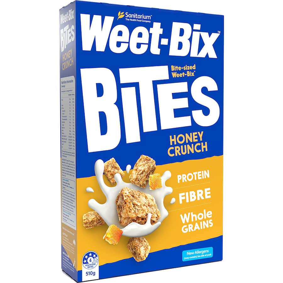 Crunchy Honey Weet-Bix Bites with 68% wholegrain wheat, honey, and coconut for a nutritious, energy-boosting breakfast.