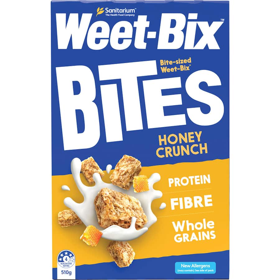 Crunchy honey Weet-Bix Bites with 68% wholegrain wheat, coconut, and vitamins for a nutritious, energy-boosting breakfast.