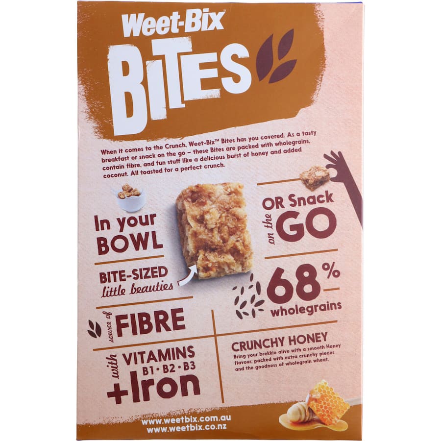 Sanitarium Weet-Bix Bites Cereal in Crunchy Honey, featuring wholegrain wheat, honey, and coconut for a nutritious breakfast.