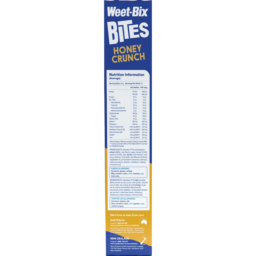 Crunchy honey-flavored Weet-Bix Bites with 68% wholegrain wheat, coconut, iron, and B-vitamins for a nutritious breakfast.
