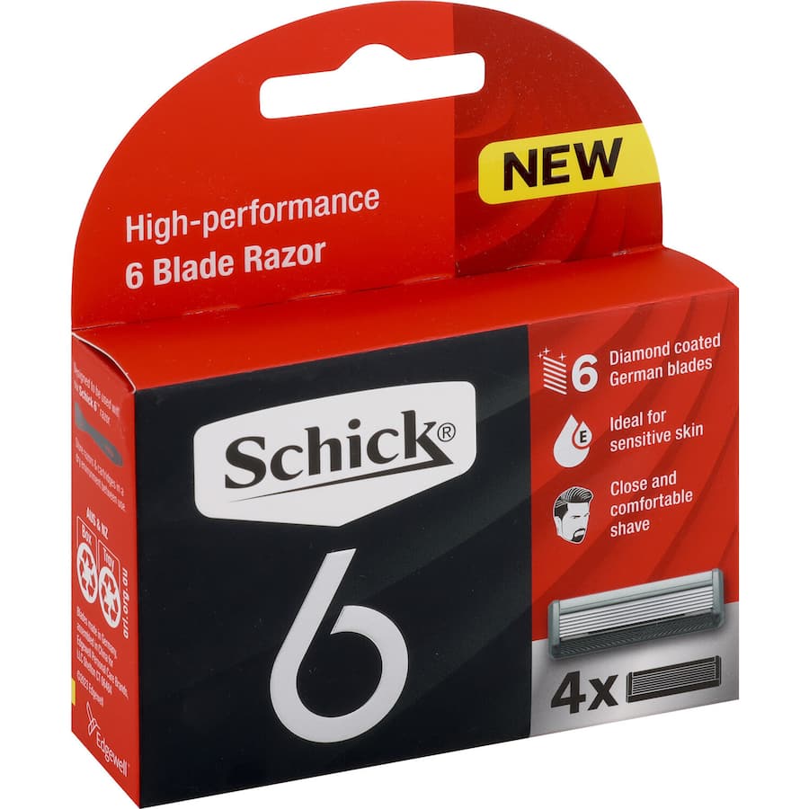 High-performance Schick 6 razor blades with six ultra-sharp edges for a close, smooth, and comfortable shave.