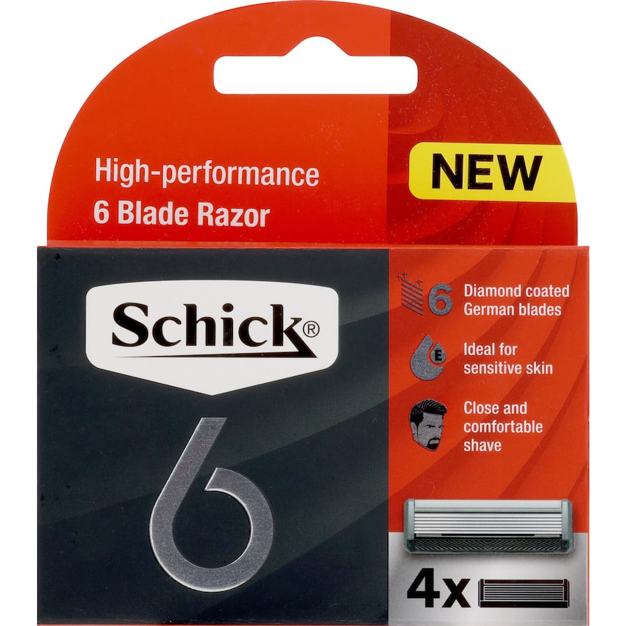 High-performance Schick 6 razor blades with six sharp edges for a close, smooth shave and reduced irritation.
