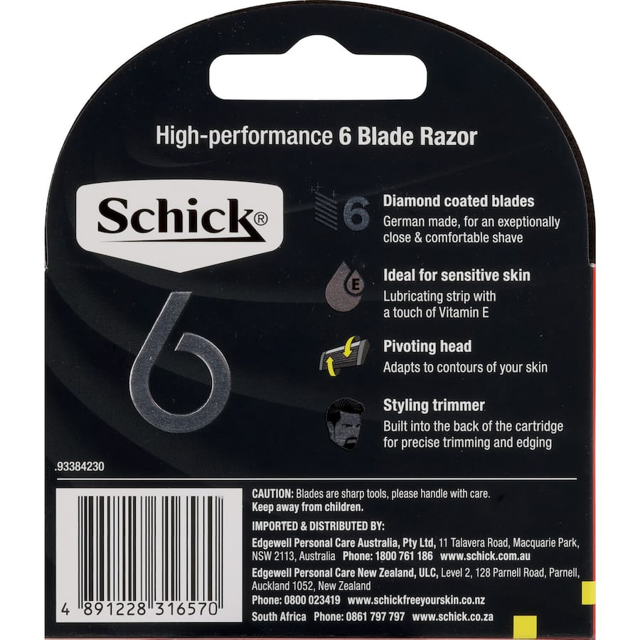 High-performance Schick 6 razor blades with six ultra-sharp edges for a close, smooth shave and reduced irritation.