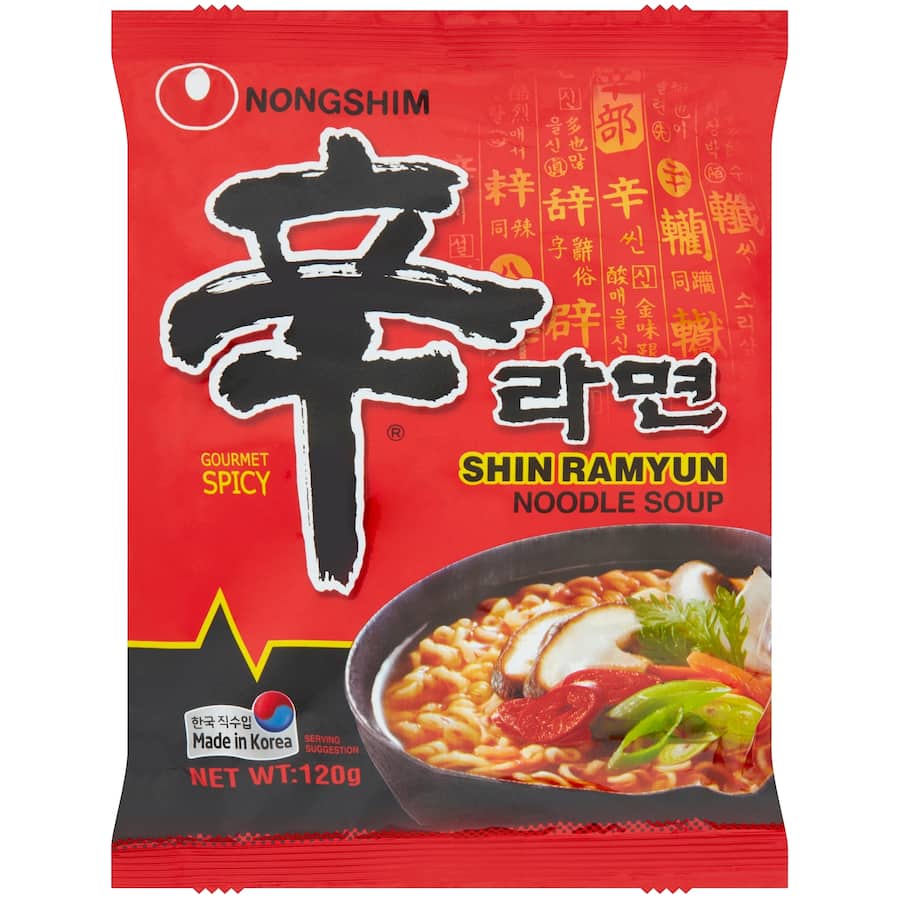 Nong Shim Shin Ramen Noodles pack featuring rich, spicy broth and chewy noodles, perfect for a quick and customizable meal.