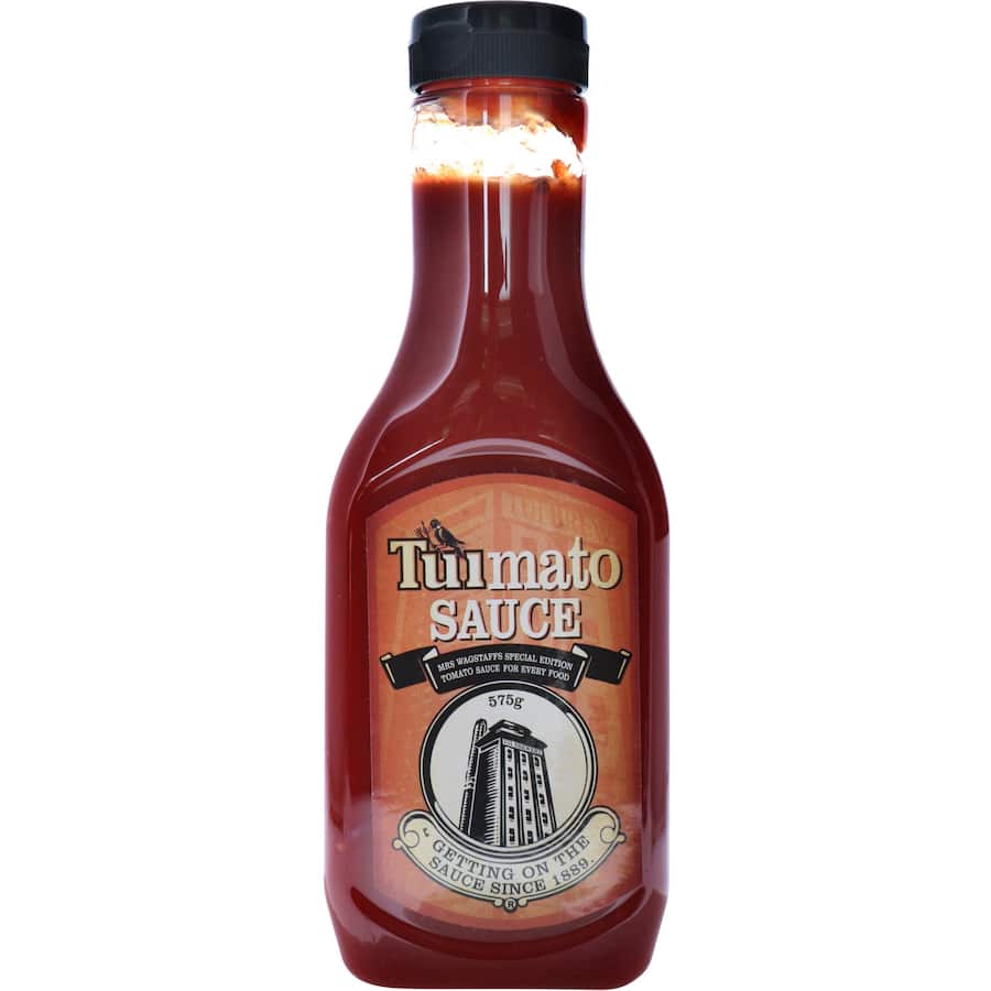 A jar of Tuimato Tomato Sauce featuring sun-ripened tomatoes and a hint of Tui beer, perfect for elevating meals.