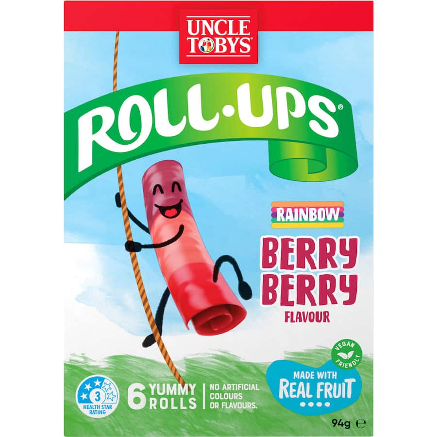 Colorful Uncle Tobys Roll-ups Fruit Snack, featuring real fruit and a mix of berries for a tasty, healthy treat.