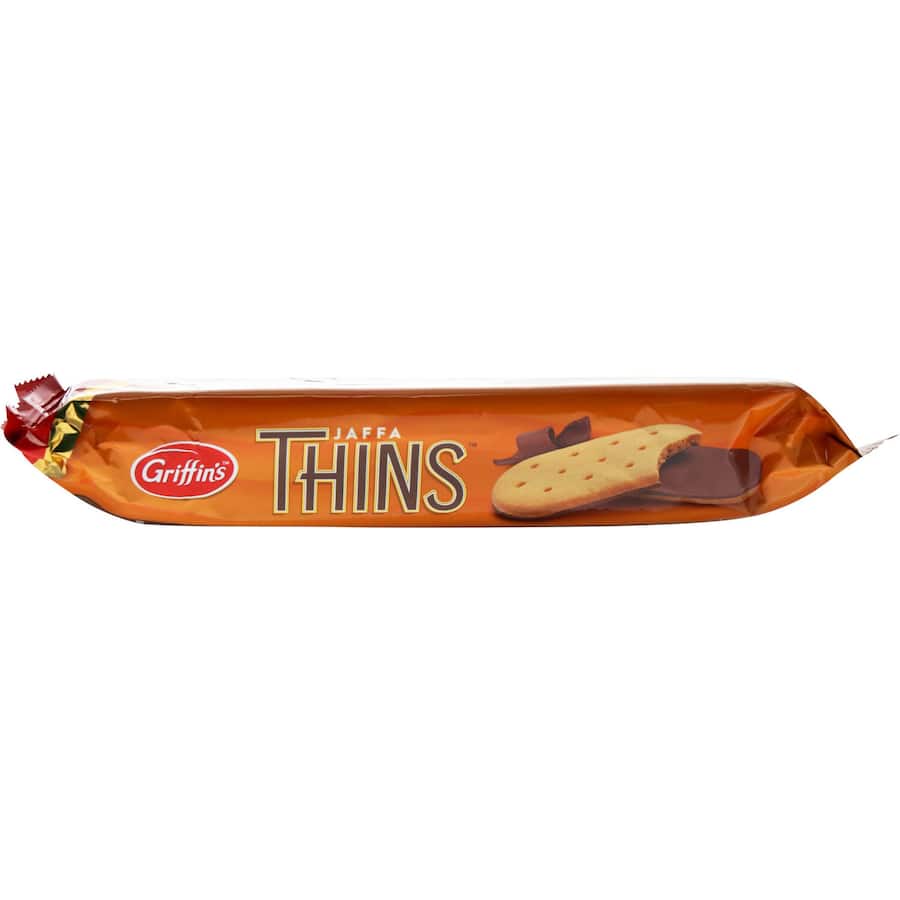 Griffins Chocolate Biscuits Jaffa Thins: crispy biscuits with dark chocolate and tangy orange flavor for a luxurious snack.