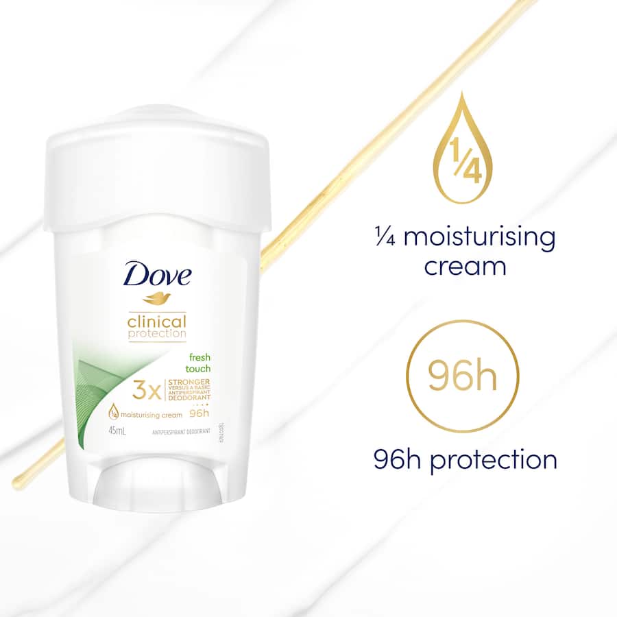 Dove Clinical Protection Antiperspirant Stick Fresh Touch offers 96 hours of sweat and odor protection with a refreshing scent.