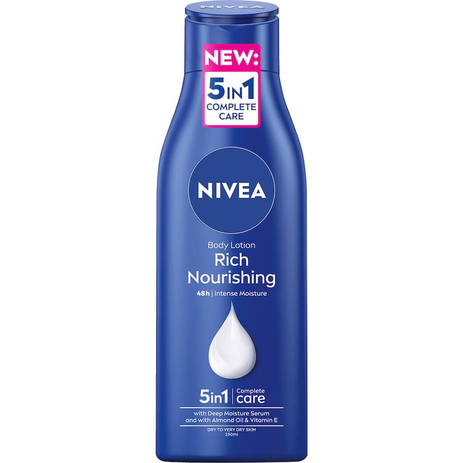 NIVEA Body Lotion Rich Nourishing, a creamy lotion with almond oil and vitamin E for 48-hour deep moisture and smooth skin.
