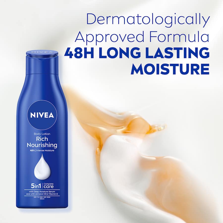NIVEA Body Lotion Rich Nourishing, infused with Almond Oil & Vitamin E, offers 48-hour hydration for silky-smooth, healthy skin.