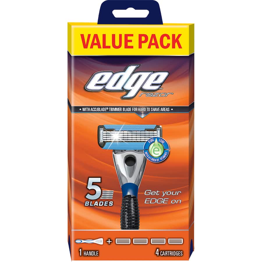 Edge Hybrid 5 Razor with 4 blades, offering a close shave, precision trimmer, and ergonomic design for a comfortable grooming experience.