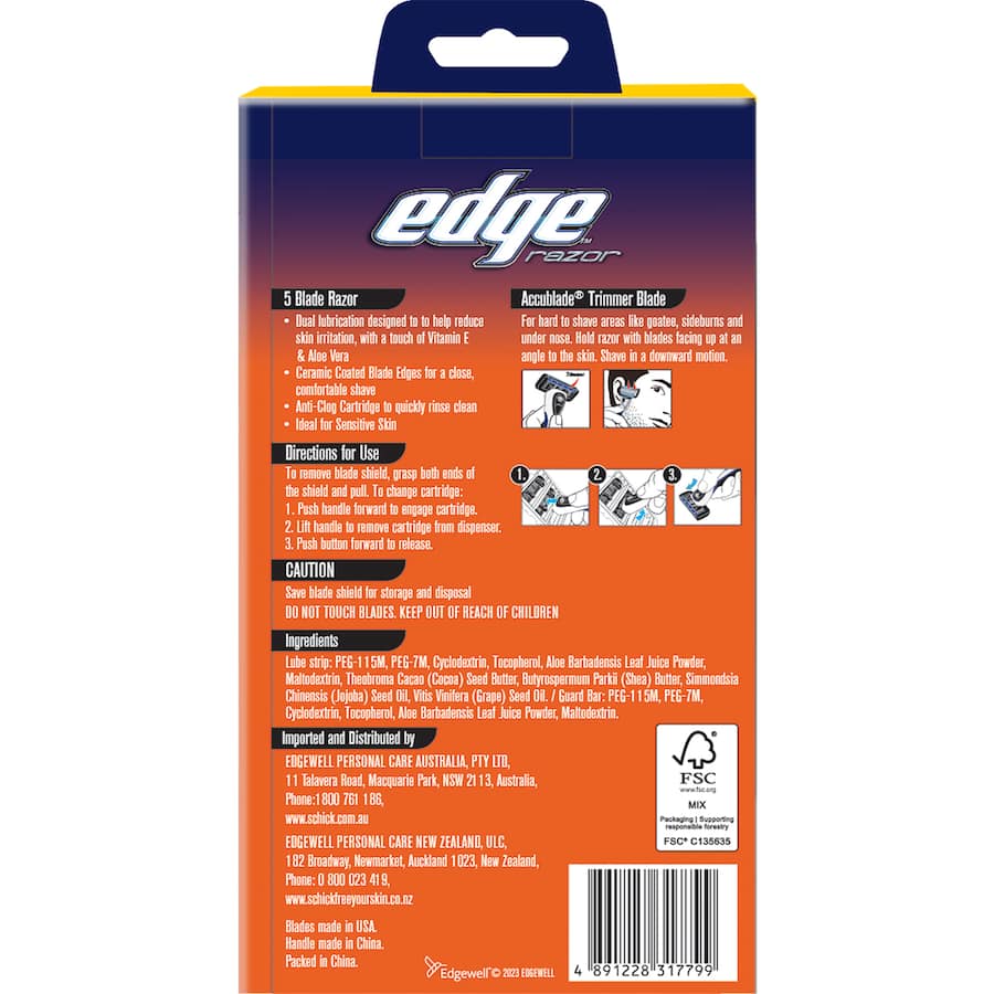 Edge Hybrid 5 Razor with 4 blades for a smooth, close shave; features precision trimmer and ergonomic handle for comfort.