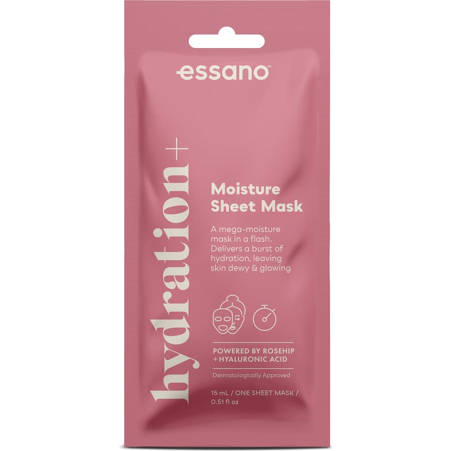 Essano Moisture Sheet Mask Hydration+ delivers intense hydration, enhancing skin resilience and radiance with collagen-boosting ingredients.