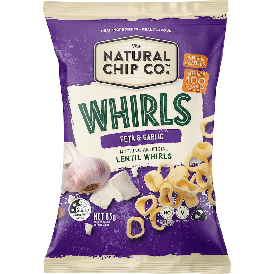 A bag of Natural Chip Co Lentil Chips, Feta & Garlic Whirls, showcasing their savory taste and unique whirled shape.