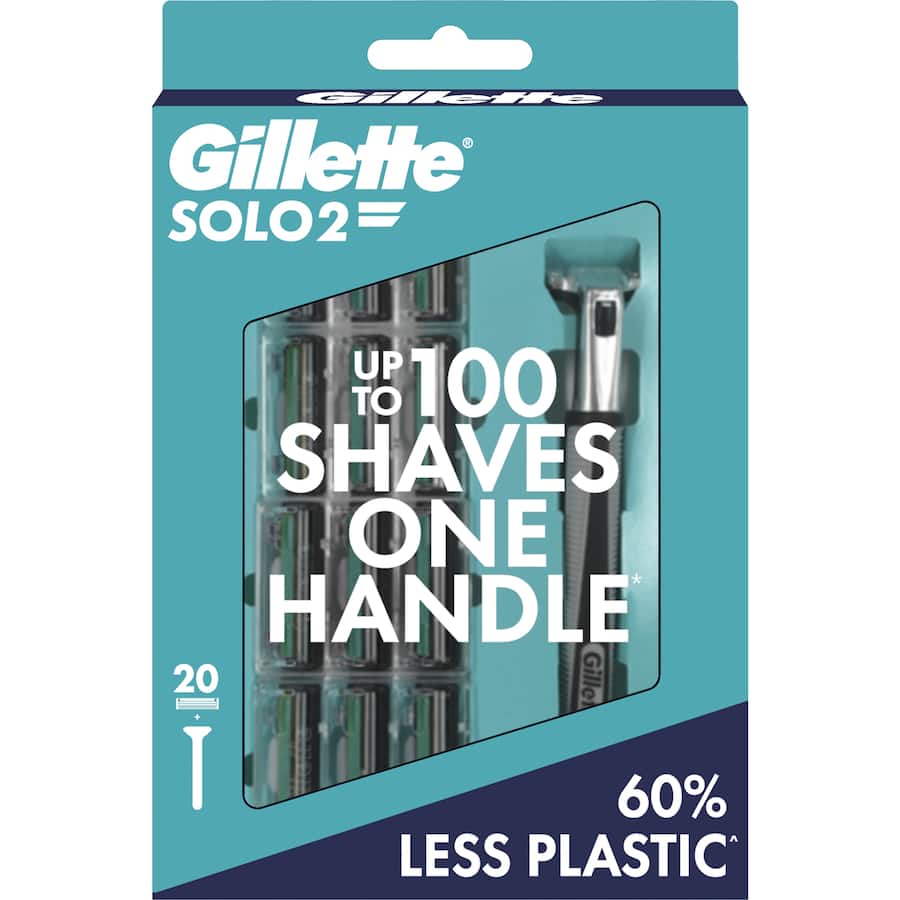 Gillette Solo 2 Razor Handle with 20 cartridges, featuring 2 precision blades for a smooth, eco-friendly shave.