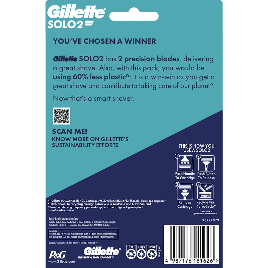 Gillette Solo 2 Razor Kit with 2 precision blades and 20 cartridges, promoting a smooth shave and eco-friendly design.