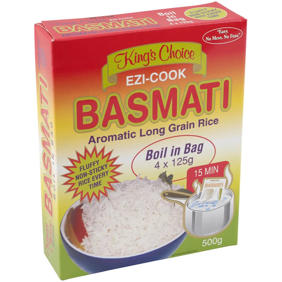 Kings Choice Basmati Rice boil-in-bag, 4 packets of 125g for quick, fluffy, gluten-free rice preparation.