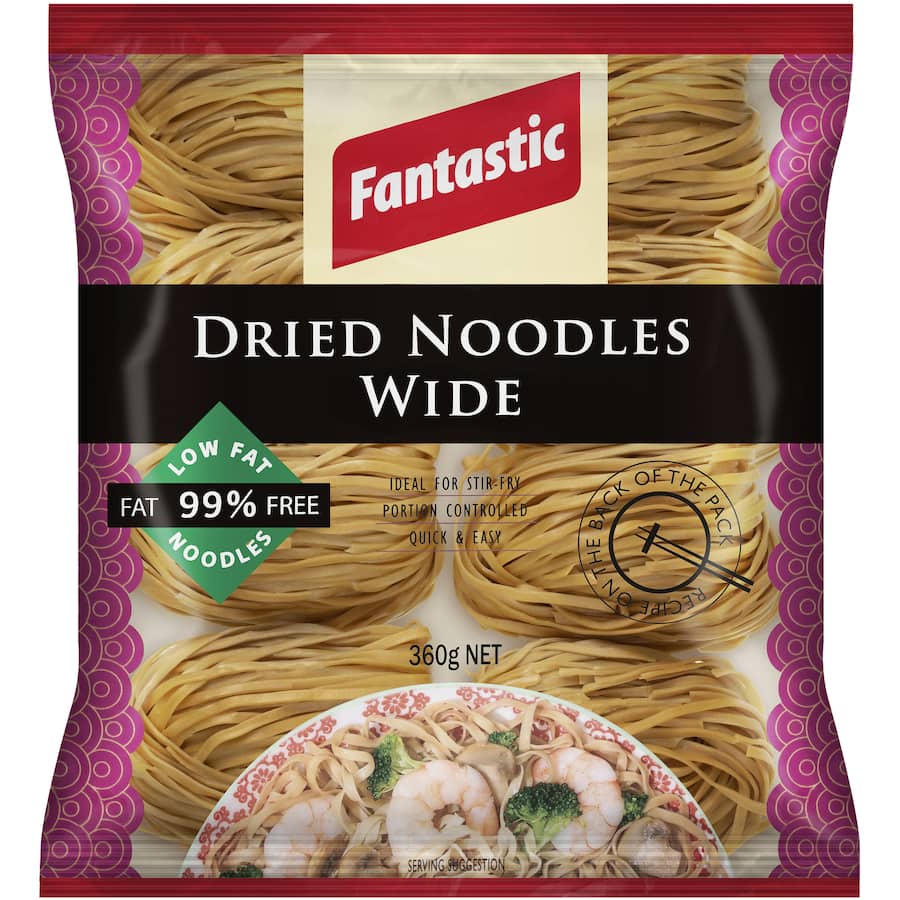 Wide Fantastic Dried Noodles ideal for Asian dishes, 99% fat-free, perfect for soups or stir-fries, and easy portion control.